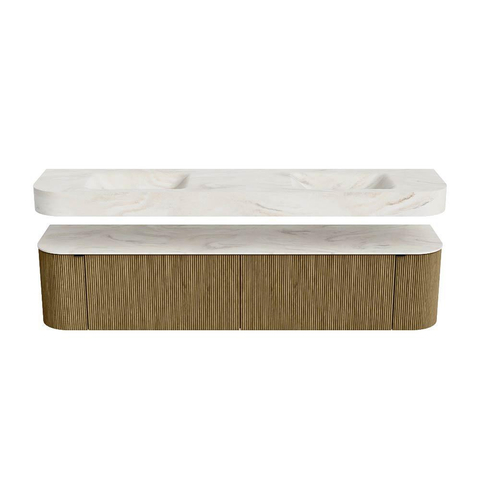 MONDIAZ THOR-DLUX 200cm meuble de salle de bains arrondi gauche + droite couleur Dusk avec 2 tiroirs et 2 portes. Vasque suspendue CLOUD Double 2 trous de robinet couleur Ostra. SW1466865