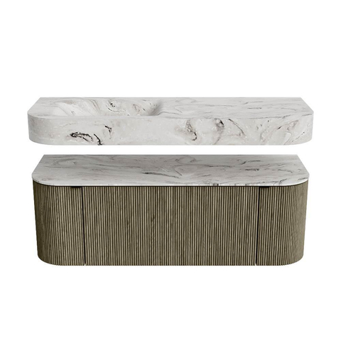 MONDIAZ THOR-DLUX 130cm badmeubel ronding links + rechts kleur Shadow met 1 lade en 2 deuren. Vrijhangende wastafel CLOUD Links 1 kraangat kleur Glace. SW1463742