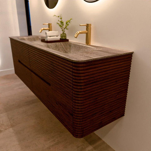 Mondiaz CIRO-DLUX Badkamermeubelset - 160x45x50cm - Solid surface wastafel Oza - 2 wasbak Dubbel - 2 kraangaten - 4 lades - Ruby SW1531894