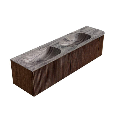 MONDIAZ KURVE-DLUX Meuble de salle de bains 175cm arrondi à droite couleur Walnut avec 2 tiroirs et 1 porte. Lavabo STOR SMALL Double / Gauche sans trou de robinet Sombra. SW1433716
