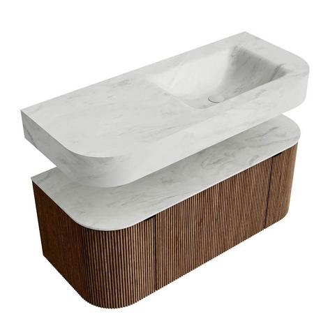 MONDIAZ THOR-DLUX 110cm badmeubel ronding links + rechts kleur Walnut met 1 lade en 2 deuren. Vrijhangende wastafel CLOUD Rechts 1 kraangat kleur Opalo. SW1462801