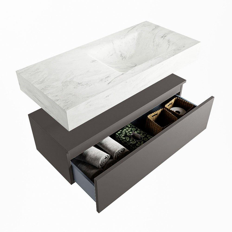MONDIAZ ALAN - DLUX Badkamermeubelset - 100cm - onderkast - Dark grey - 1 lade - vrijhangende wastafel - wasbak rechts - 0 kraangaten - Opalo SW806227