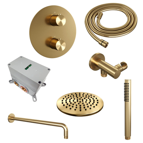 BRAUER Gold Edition douche thermostatique encastrée - 3 voies - rond - set 75 - douche principale de 20 cm - bras de douche courbé - douchette à main - flexible de douche - coude mural - or brossé PVD SW1159006