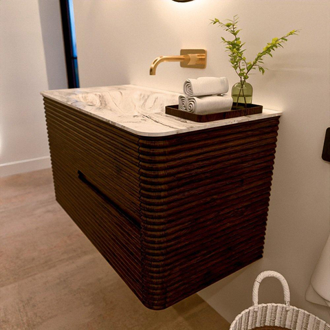 Mondiaz CIRO-DLUX Badkamermeubelset - 90x45x50cm - Solid surface wastafel Glace - 1 wasbak Midden - zonder kraangaten - 2 lades - Walnut SW1530259