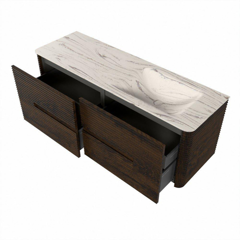 Mondiaz CIRO-DLUX Badkamermeubelset - 140x45x50cm - Solid surface wastafel Nata - 1 wasbak Rechts - 1 kraangat - 4 lades - Walnut SW1530555