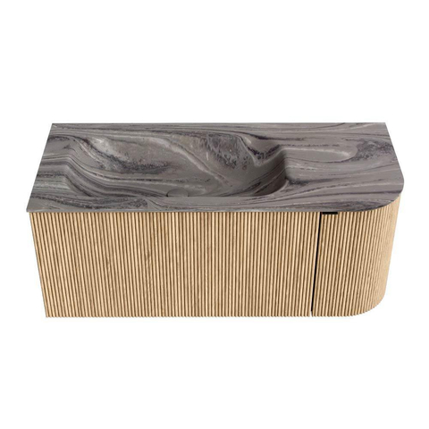 MONDIAZ KURVE-DLUX 105cm badmeubel ronding Rechts kleur Oak met 1 lade en 1 deur. Wastafel BIG SMALL Links 1 kraangat Sombra. SW1433554