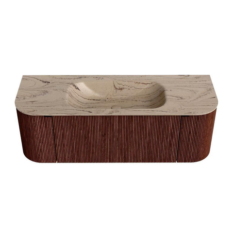 MONDIAZ KURVE-DLUX Meuble de salle de bains 130cm arrondi gauche + droite couleur Ruby avec 1 tiroir et 2 portes. Lavabo BIG SMALL central sans trou de robinet Arena. SW1431494