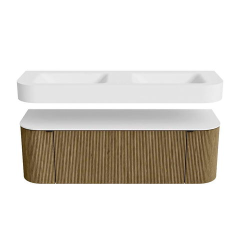 MONDIAZ THOR 140cm meuble de salle de bains arrondi gauche + droite couleur Dusk avec 1 tiroir et 2 portes. Vasque suspendue CLOUD Double sans trou de robinet couleur Talc. SW1464118