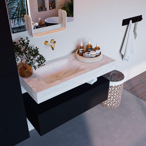 Mondiaz ALAN-DLUX Ensemble de meuble - 100cm - meuble Urban mat - 1 tiroir - Lavabo Cloud Opalo suspendu - vasque Gauche - 0 trous de robinet SW806210