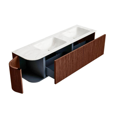 Mondiaz KURVE-DLUX Badkamermeubelset - 155x46x40cm - 2 lade - 1 deur - wastafel solid surface - dubbel / rechts - 2 kraangaten - Ruby SW1415931
