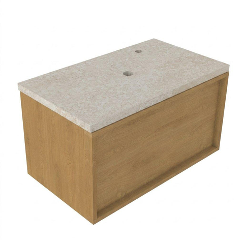 Saniclass Holz Frame Ensemble meuble de salle de bains - 80x45x43cm - Plan de travail en pierre naturelle travertin - 1 trou de robinetterie - 1 tiroir - chêne natural mat (bois) SW1478846