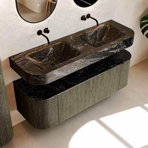 MONDIAZ THOR-DLUX 140cm meuble de salle de bains arrondi gauche + droite couleur Shadow avec 1 tiroir et 2 portes. Vasque suspendue CLOUD Double sans trou de robinet couleur Lava. SW1464133
