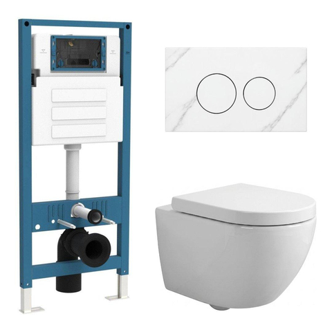 QeramiQ Dely Swirl Compact Toiletset - inbouwreservoir QeramiQ flush - 25mm zitting - marmeren bedieningsplaat wit - ronde knoppen - glans wit SW1590643