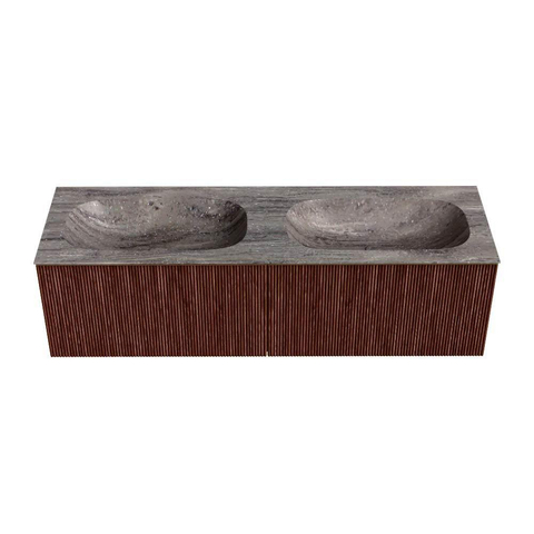 MONDIAZ KURVE-DLUX Meuble de salle de bains 150cm couleur Ruby avec 2 tiroirs et 0 portes. Lavabo STOR SMALL Double sans trou de robinet Oza. SW1432846