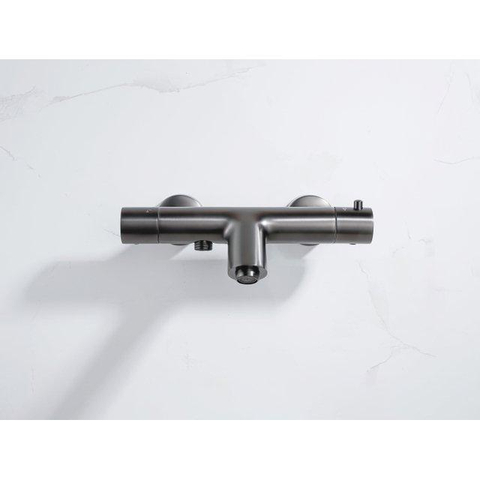 Fortifura Calvi Thermostatische badkraan - met ronde handdouche handdouchehouder en gladde doucheslang - PVD - geborsteld gunmetal (antraciet) SW811976