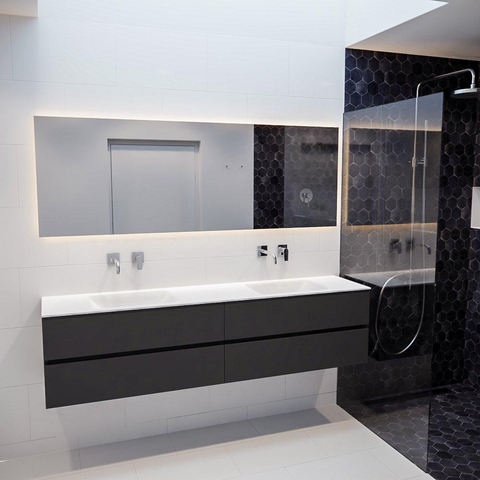 MONDIAZ VICA Ensemble de meuble salle de bain - 200cm - 4 tiroirs - lavabo Cloud double - 0 trou de robinet - solid surface gris foncé SW410400