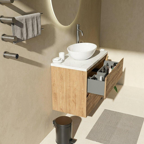 Saniclass Holz Pure Badkamermeubelset - 80x45x63cm - Dia marmeren wastafelblad gepolijst (wit) - 1 kraangat - 2 lades - mat eiken natural (hout) SW1478339