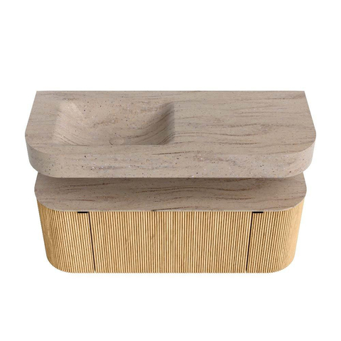 MONDIAZ THOR-DLUX 120cm badmeubel ronding links + rechts kleur Oak met 1 lade en 2 deuren. Vrijhangende wastafel CLOUD Links 1 kraangat kleur Saba. SW1463452