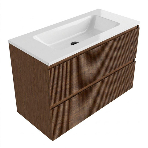 Saniclass Holz Atelier Ensemble meuble de salle de bains - 100x45x77.5cm - lavabo Torino en solid surface blanc - sans trou de robinet - 2 tiroirs - walnut pure mat (bois) SW1478663