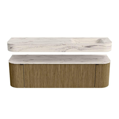 MONDIAZ THOR-DLUX 160cm meuble de salle de bains arrondi gauche + droite couleur Dusk avec 1 tiroir et 2 portes. Vasque suspendue CLOUD droite 1 trou de robinet couleur Nata. SW1465286