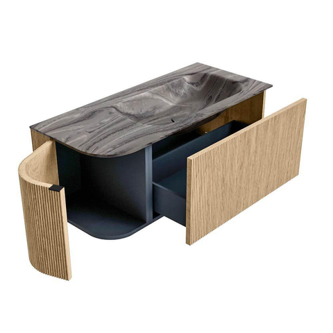 MONDIAZ KURVE-DLUX Meuble de salle de bains 105cm arrondi à gauche couleur Oak avec 1 tiroir et 1 porte. Lavabo BIG SMALL à droite 1 trou de robinet Sombra. SW1433548