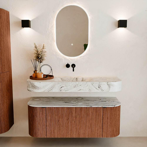 MONDIAZ THOR-DLUX 120cm meuble de salle de bains arrondi gauche + droite couleur Ruby avec 1 tiroir et 2 portes. Vasque suspendue CLOUD Milieu sans trou de robinet couleur Glace. SW1463158