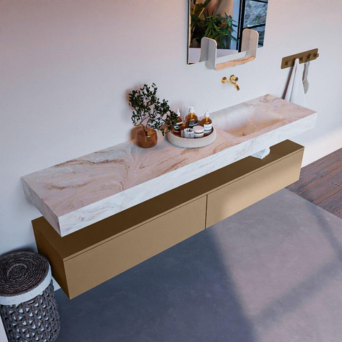 Mondiaz ALAN-DLUX Ensemble de meuble - 200cm - meuble Oro mat - 2 tiroirs - Lavabo Cloud Frappe suspendu - vasque Droite - 0 trous de robinet SW805155