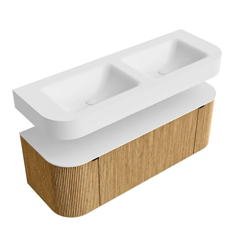 MONDIAZ THOR 130cm meuble de salle de bains arrondi gauche + droite couleur Oak avec 1 tiroir et 2 portes. Vasque suspendue CLOUD Double sans trou de robinet couleur Talc. SW1463712