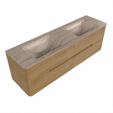 Mondiaz CIRO-DLUX Ensemble de meubles de salle de bains - 160x45x50cm - Plan vasque solid surface Saba - 2 lavabos double - 2 trous de robinetterie - 4 tiroirs - Chêne SW1531215