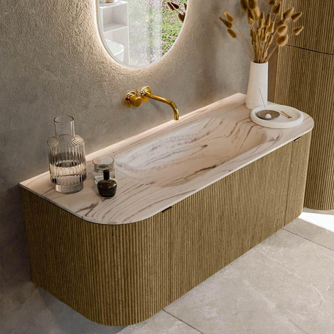 MONDIAZ KURVE-DLUX 120cm badmeubel ronding Links + Rechts kleur Dusk met 1 lade en 2 deuren. Wastafel BIG SMALL Midden zonder kraangat Nata. SW1432361