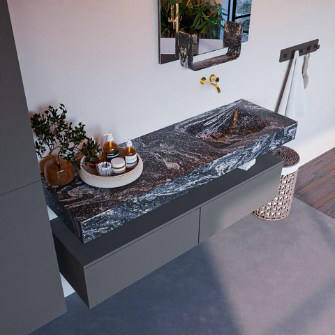 Mondiaz ALAN-DLUX Ensemble de meuble - 150cm - meuble Plata mat - 2 tiroirs - Lavabo Cloud Lava suspendu - vasque Droite - 0 trous de robinet SW808481