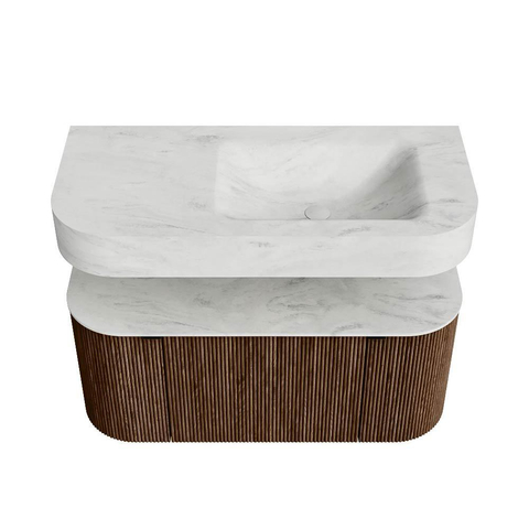 MONDIAZ THOR-DLUX Meuble de salle de bains 100cm arrondi gauche + droite couleur Walnut avec 1 tiroir et 2 portes. Vasque suspendue CLOUD Droite 1 trou de robinet couleur Opalo. SW1467380