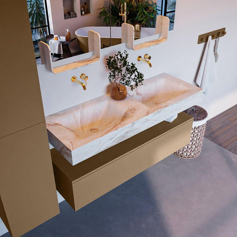 Mondiaz ALAN-DLUX Ensemble de meuble - 130cm - meuble Oro mat - 1 tiroir - Lavabo Cloud Frappe suspendu - vasque Gauche et droite - 0 trous de robinet SW805666