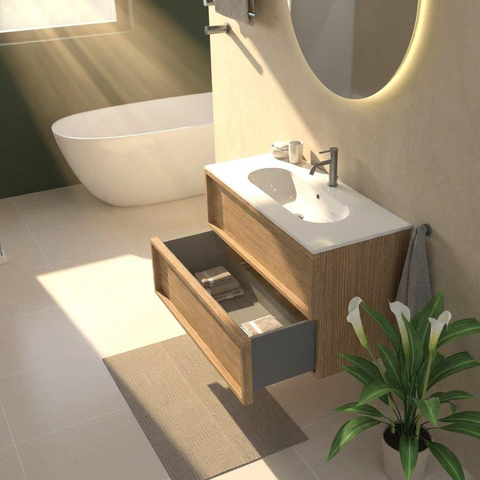 Saniclass Holz Frame Ensemble meuble de salle de bains - 100x45x73.9cm - lavabo en céramique Chaci blanc - 1 vasque - 1 trou de robinet - 2 tiroirs - chêne natural mat (bois) SW1580022