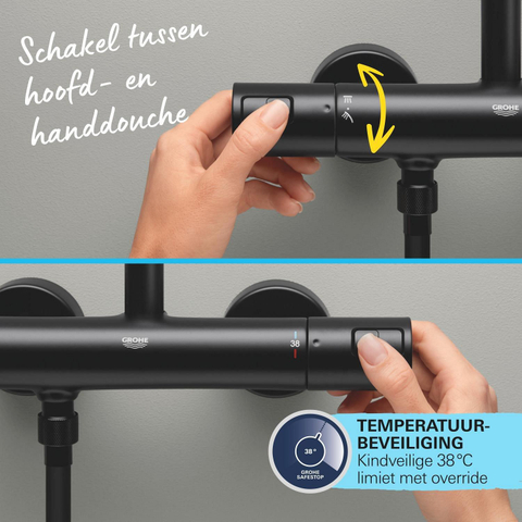 Grohe Vitalio Start 250 Regendoucheset - hoofddouche 25cm - ronde handdouche - 2 straalsoorten - met douchethermostaat - matte black (mat zwart) SW1126877