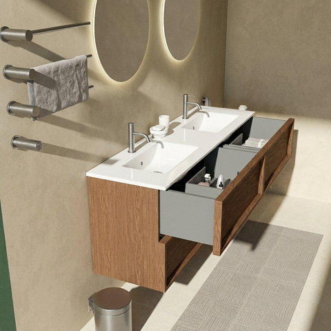 Saniclass Holz Frame Badkamermeubelset - 160x45x62cm - Vygo keramische wastafel wit - 2 wasbakken - 2 kraangaten - 4 lades - mat walnut pure (hout) SW1580058