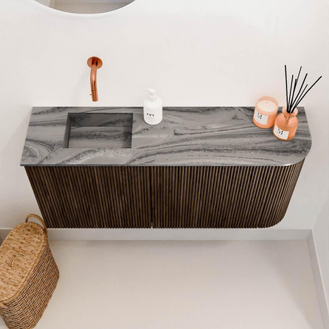 Mondiaz JOYA-DLUX 91.6cm toiletmeubel - ronding rechts kleur Walnut - Wastafel FAYE positie Links Zonder kraangat kleur Sombra. SW1424758
