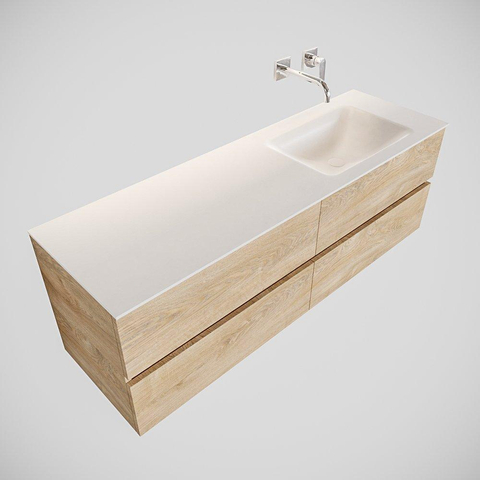 MONDIAZ VICA Ensemble de meuble salle de bain - 150cm - 4 tiroirs - lavabo Cloud à droite - 0 trous de robinet - solid surface chêne blanchi SW410078