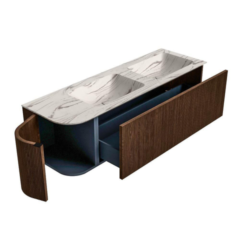 MONDIAZ KURVE-DLUX meuble de salle de bains 145cm arrondi à gauche couleur Walnut avec 1 tiroir et 1 porte. Lavabo LEAF Double / À droite 2 trous de robinet Nata. SW1432210