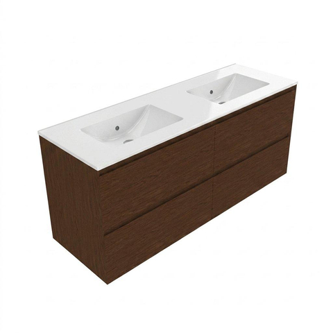 Saniclass Holz Pure Badkamermeubelset - 140x45x60cm - keramische wastafel wit - 2 wasbakken - 2 kraangaten - 4 lades - Walnut pure SW1439098