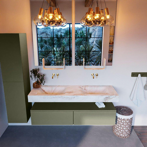 Mondiaz ALAN-DLUX Ensemble de meuble - 150cm - meuble Army mat - 2 tiroirs - Lavabo Cloud Frappe suspendu - vasque Gauche et droite - 0 trous de robinet SW804752