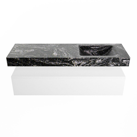Mondiaz ALAN-DLUX Ensemble de meuble - 150cm - meuble - Talc mat - 1 tiroir - Lavabo Cloud Lava suspendu - vasque droite - 1 trou de robinet - Noir SW807799