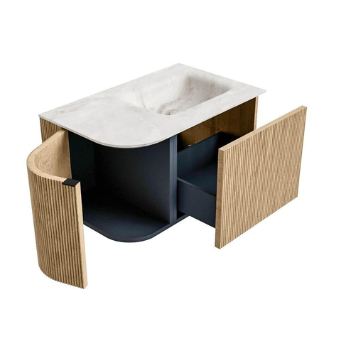 MONDIAZ KURVE-DLUX Meuble de salle de bains 75 cm avec module 25 L couleur Chêne avec 1 tiroir et 1 porte. Lavabo GRUNNE droit sans trou de robinet couleur Frappe. SW1138534