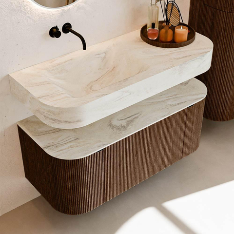 MONDIAZ THOR-DLUX 110cm badmeubel ronding links + rechts kleur Walnut met 1 lade en 2 deuren. Vrijhangende wastafel CLOUD Links zonder kraangat kleur Ostra. SW1462761