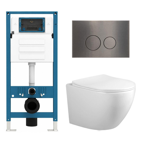 Adema Salina 2.0 Toiletset - 48.5x36x32cm - diepspoel - spoelrandloos - QeramiQ inbouwreservoir - softclose - quickrelease - toiletzitting - gunmetal metalen bedieningsplaat - ronde knoppen - wit SW1474587