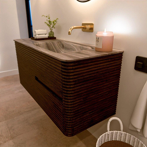 Mondiaz CIRO-DLUX Meuble de salle de bains - 110x45x50cm - Plan vasque solid surface Sombra - 1 lavabo à droite - sans trous de robinetterie - 2 tiroirs - Noyer SW1530723