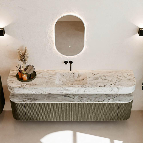 MONDIAZ THOR-DLUX 200cm meuble de salle de bains arrondi gauche + droite couleur Shadow avec 2 tiroirs et 2 portes. Vasque suspendue CLOUD Milieu sans trou de robinet couleur Glace. SW1467034