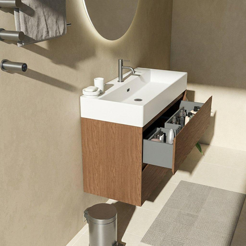 Saniclass Holz Pure Badkamermeubelset - 100x45x72cm - Legend keramische wastafel mat wit - 1 wasbak - 1 kraangat - 2 lades - mat walnut pure (hout) SW1580159
