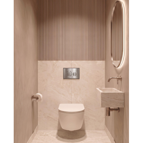 QeramiQ Dely Swirl Ensemble WC- 36.3x51.7cm - Réservoir encastré Geberit UP320 - Abattant de 35mm d'épaisseur - Plaque de commande en inox - Boutons ronds - Blanc mat SW1138635