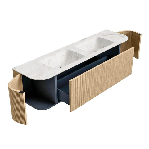 MONDIAZ KURVE-DLUX meuble de salle de bains 170 cm avec module 25 Len R couleur Chêne avec 1 tiroir et 2 portes. Lavabo LEAF double sans trou de robinetterie couleur Frappe. SW1137391